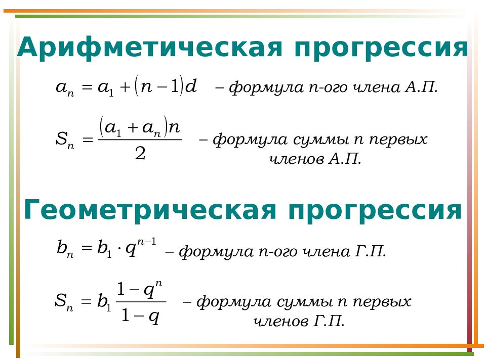 Построить прогрессию. Задачи на арифметическую прогрессию формулы. Формулы по геометрической и арифметической прогрессии. Формулы арифметической прогрессии и геометрической прогрессии. Формула алгебраической прогрессии.