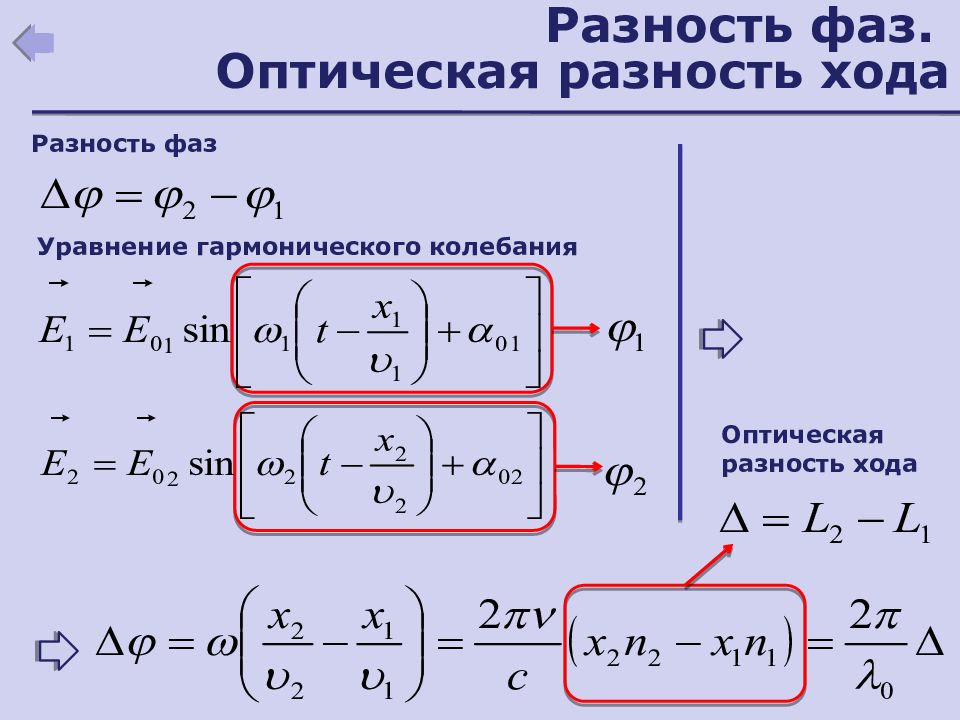 Фазы ходов. Разность фаз это оптика. Оптическая разность хода и разность фаз. Разность хода формула. Оптическая разность хода формула.