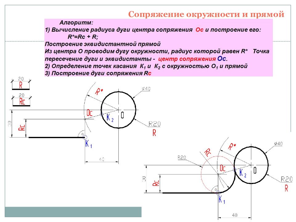 Сопряжение окружностей. Построить сопряжение окружности и прямой. Построение сопряжения прямой и окружности. Внутреннее сопряжение окружности и прямой дугой. Внутреннее сопряжение прямой линии с дугой.