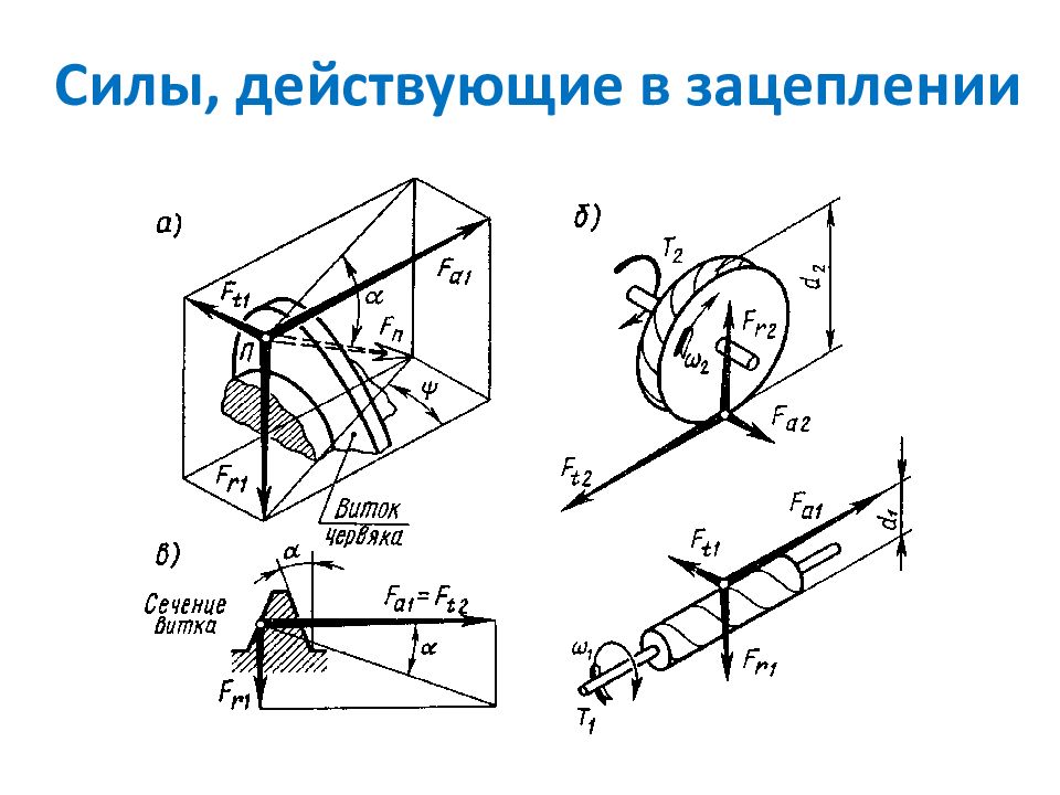 Схема сил в зацеплении косозубой цилиндрической передачи