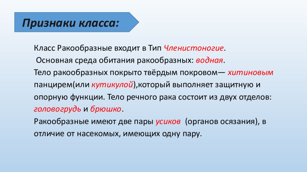 Признаки класса: Класс Ракообразные входит в Тип . Основная