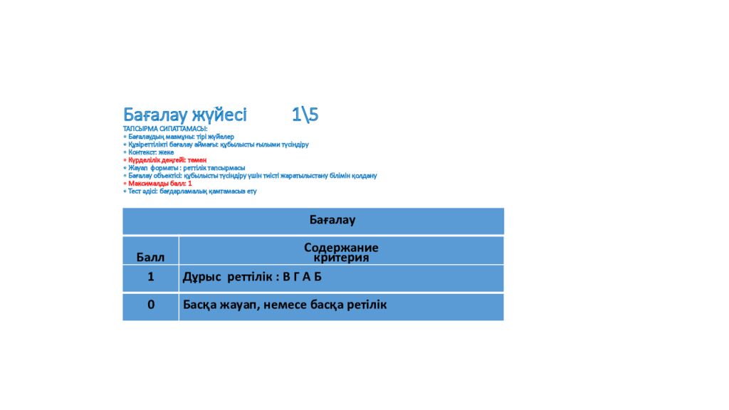 Бағалау жүйесі 1\5 ТАПСЫРМА СИПАТТАМАСЫ: • Бағалаудың мазмұны: тірі жүйелер • Құзіреттілікті бағалау аймағы: құбылысты ғылыми түсіндіру • Контекст: жеке •