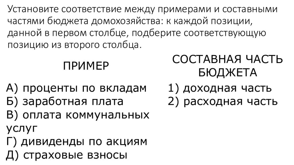 Соответствие между примерами. Установите между примерами и составными частями. Составные части бюджета домохозяйства. Установи соотношение между примерами и структурными частями бюджета. Установите соответствие между примерами и правами потребителя.