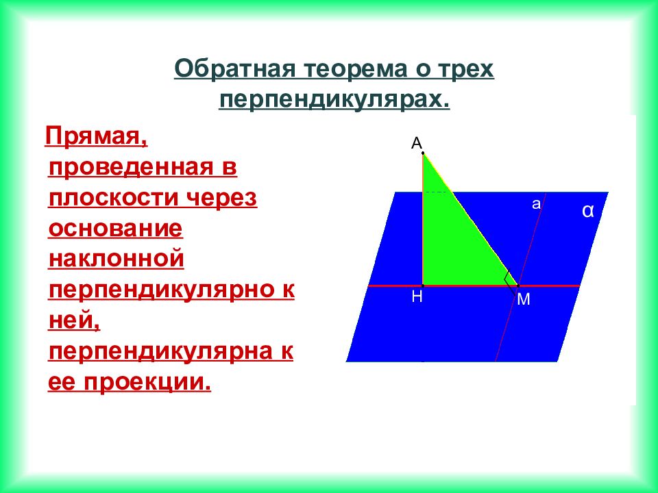 Перпендикулярные наклонные. Теорема о трех перпендикулярах прямая и Обратная. Прямая проведенная в плоскости через основание наклонной. Перпендикулярная и Наклонная. Перпендикуляр прямой и плоскости.