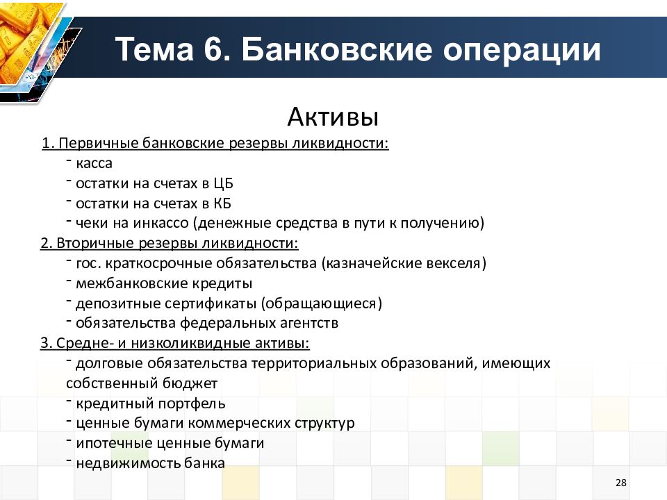 Долговые Активы. КБ И их операции банковские резервы. Активы первичных вторичных резервов. 55. КБ И их операции. Банковские резервы.