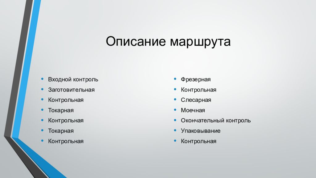 15 профессий. Описание маршрута. МДК входной контроль. Карта окончательного контроля. Деловой маршрут описать.