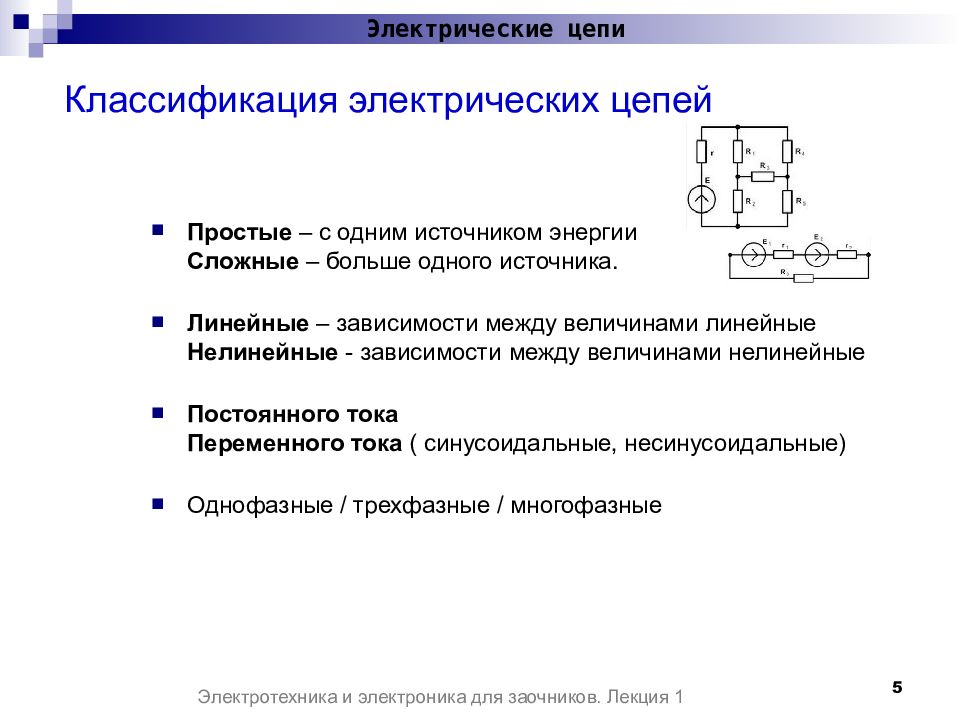 Основные цепи. Простые и сложные электрические цепи. Классификация элементов электрической цепи. Понятие простой и сложной электрической цепи. Классификация компонентов электрических цепей..