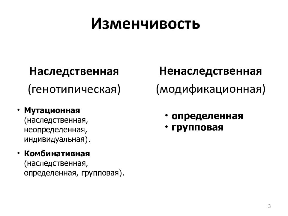 Типы изменчивости. Наследственная генотипическая изменчивость. Основные формы изменчивости генотипическая изменчивость. Комбинативная мутационная и модификационная изменчивость. Неопределенная наследственная изменчивость.