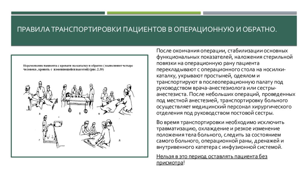 Транспортировка пациента в операционную размещение пациента на операционном столе