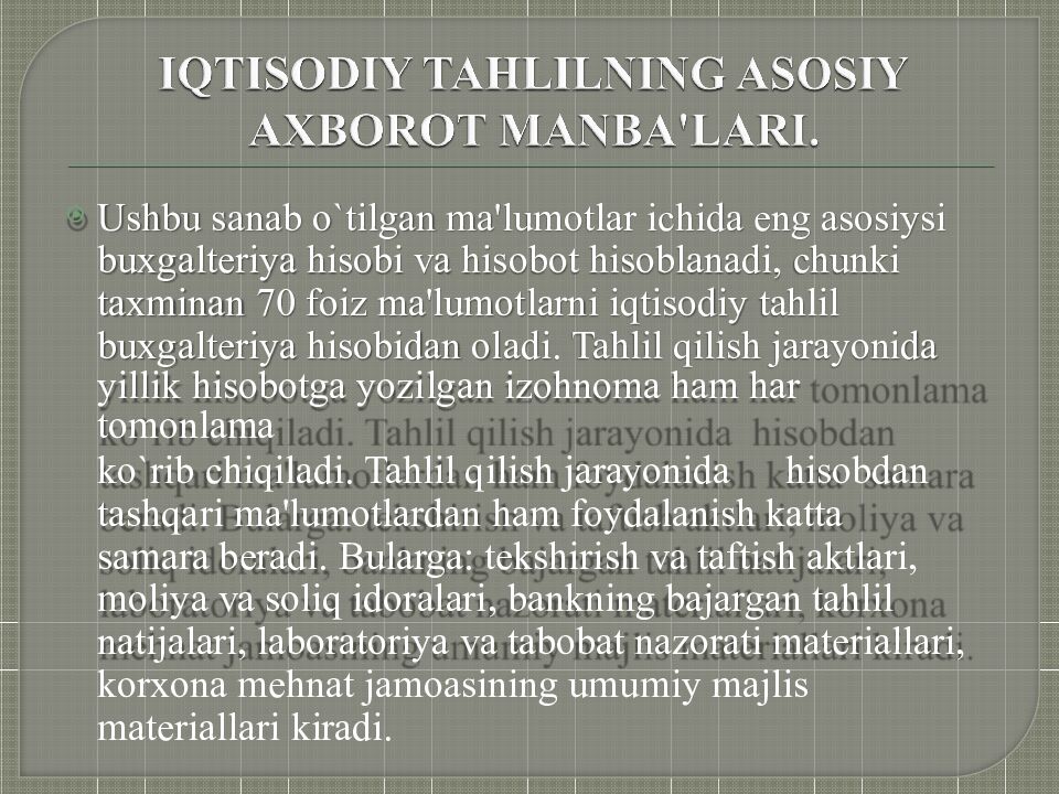 IQTISODIY TAHLILNING TURLARI V A MOLIYAVIY VA BOSHQARUV TAHLILI