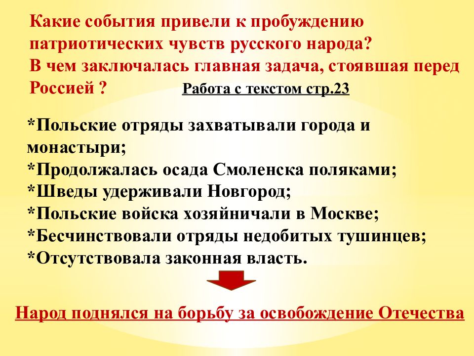 Какие события привели. В чем заключалась Главная задача, стоявшая перед Россией?. Пробуждение патриотических чувств. Пробудить патриотизм. Какое событие положило конец смуте.