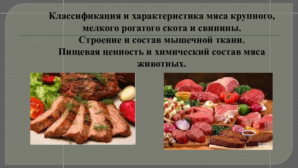 Классификация и характеристика мяса крупного, мелкого рогатого скота и свинины. Строение и состав мышечной ткани. Пищевая ценность и химический состав мяса