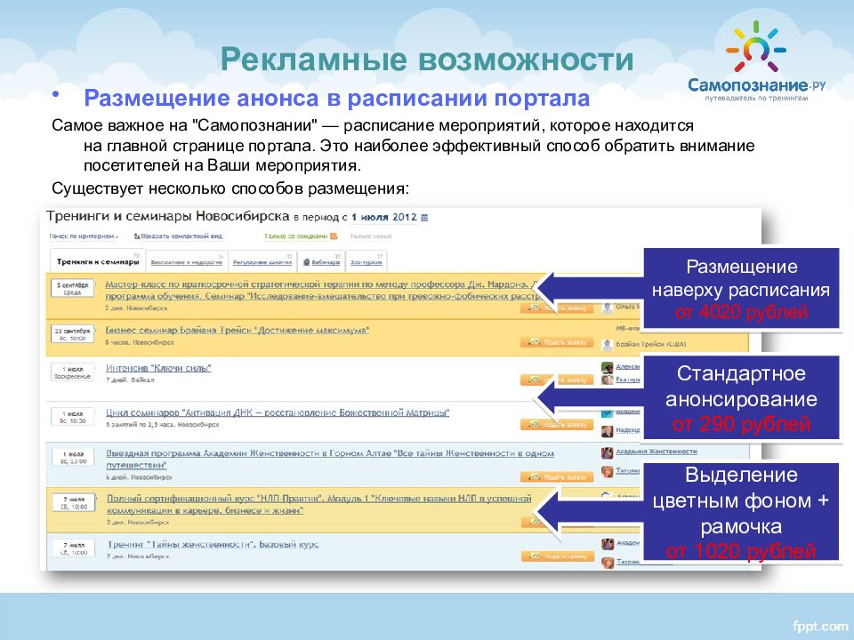 Возможность размещения. Разместить анонс. Самопознание календарь.