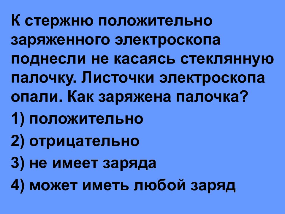 Положительно заряженную палочку поднесли не касаясь. Стержень электроскопа заряжен положительно. К электроскопу поднесли не касаясь заряженную палочку. Листочки электроскопа опадают. Палочка к электроскопу поднесли.