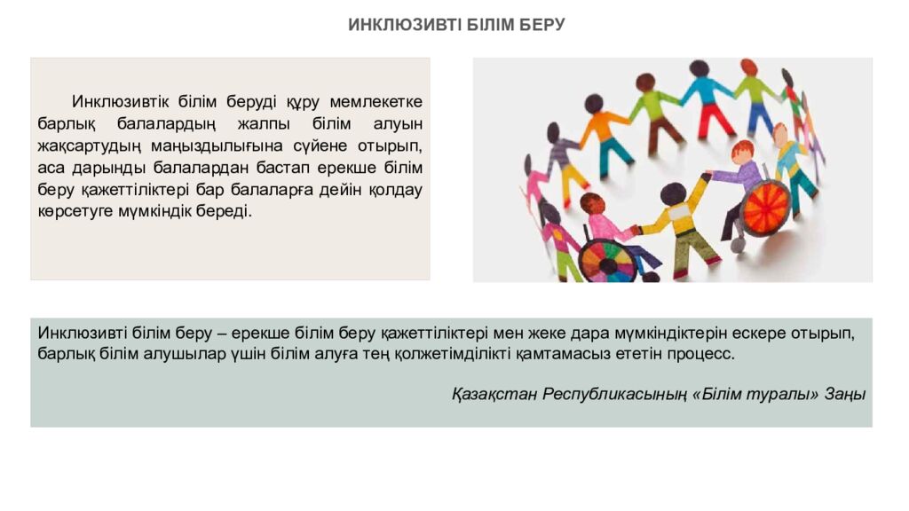 ИНКЛЮЗИВТІ БІЛІМ БЕРУ НЕГІЗДЕРІ, ҚҰРАЛДАРЫ ЖӘНЕ ПРАКТИКАЛЫҚ ШЕШІМДЕРІ