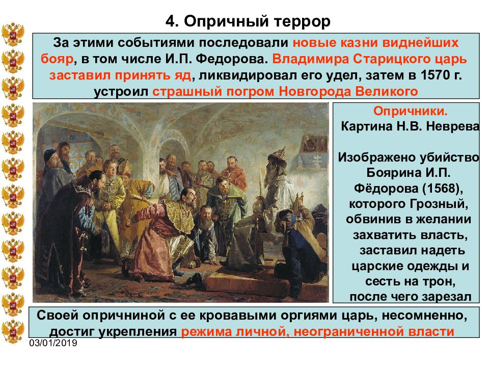 Политика опричнины характеризуется борьбой с боярством. Картина возмущение слобод против бояр. Опричный террор мероприятия. Старицкий удел опричнина.