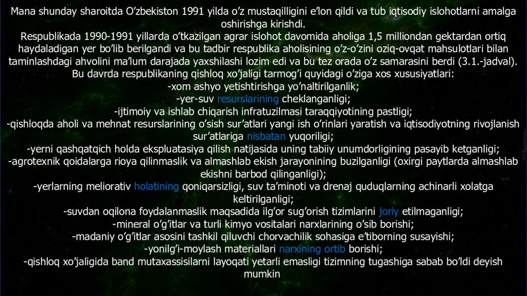 Agrar islohotlarni amalga oshirishning asosiy
y o’nalishlari
Bajardi : Agrar islohotlarni amalga oshirishning asosiy y o’nalishlari Bajardi :