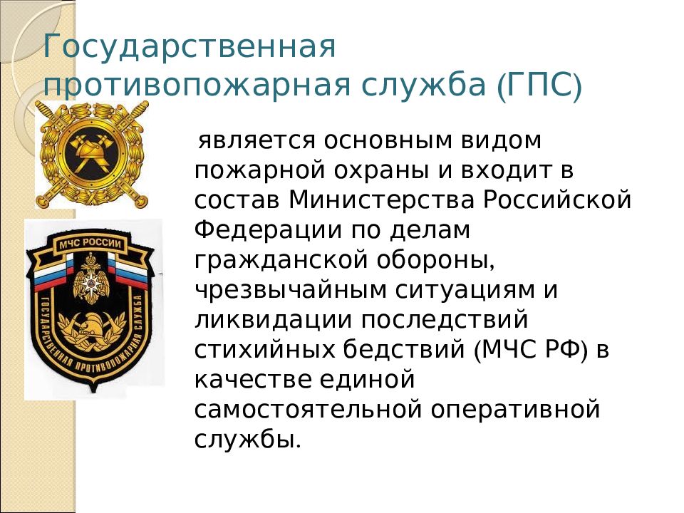 Пп 290 о федеральном государственном пожарном. Виды пожарной охраны в Российской Федерации. Сообщение на тему государственная противопожарная служба РФ. ФПС ГПС МЧС России расшифровка. Основополагающим принципом деятельности органов ГПС является.