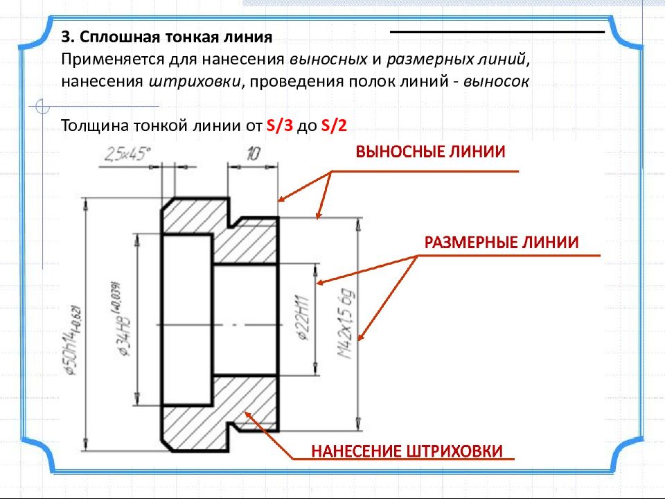 В каких случаях на чертеже используют сплошную тонкую линию