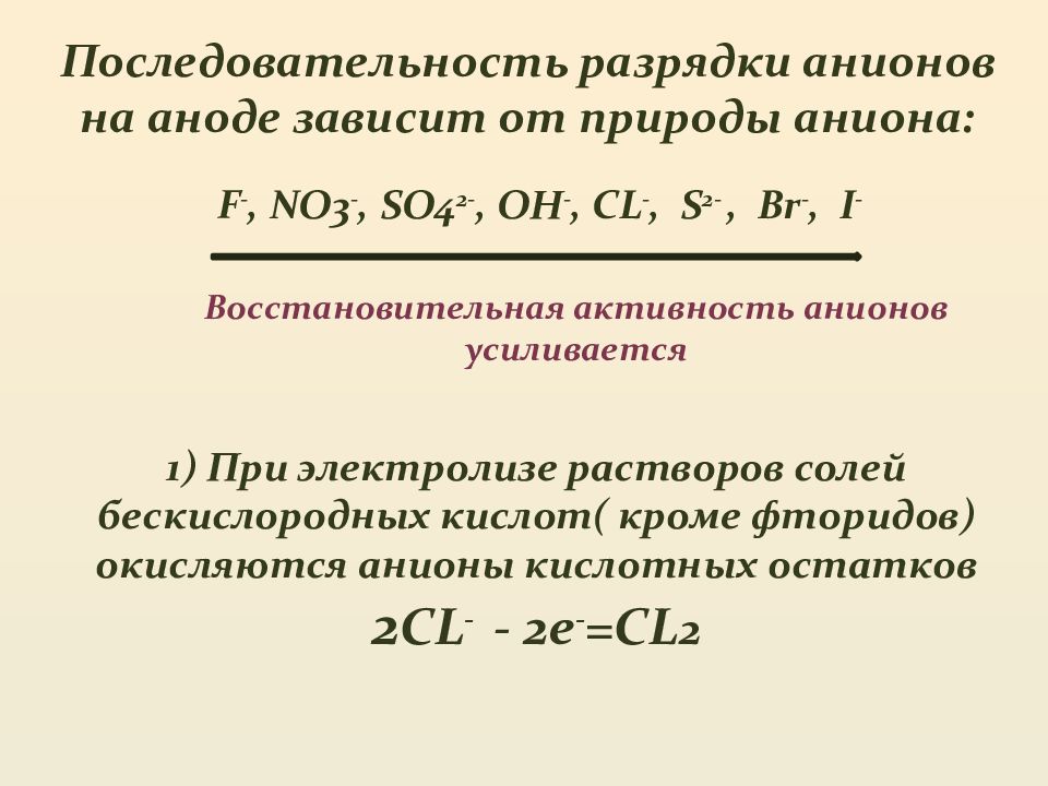 Порядок разрядки анионов на аноде. Электролиз растворов последовательность разрядки катионов и анионов. Последовательность разрядки анионов. Порядок окисления анионов на аноде.