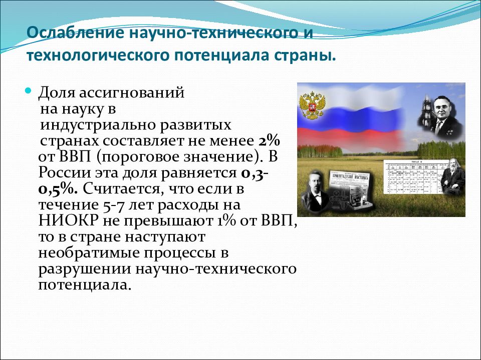 Экономический потенциал страны и экономическая безопасность. Научно-технический потенциал страны. Научно технический потенциал РФ. Составляющие научно-технического потенциала.