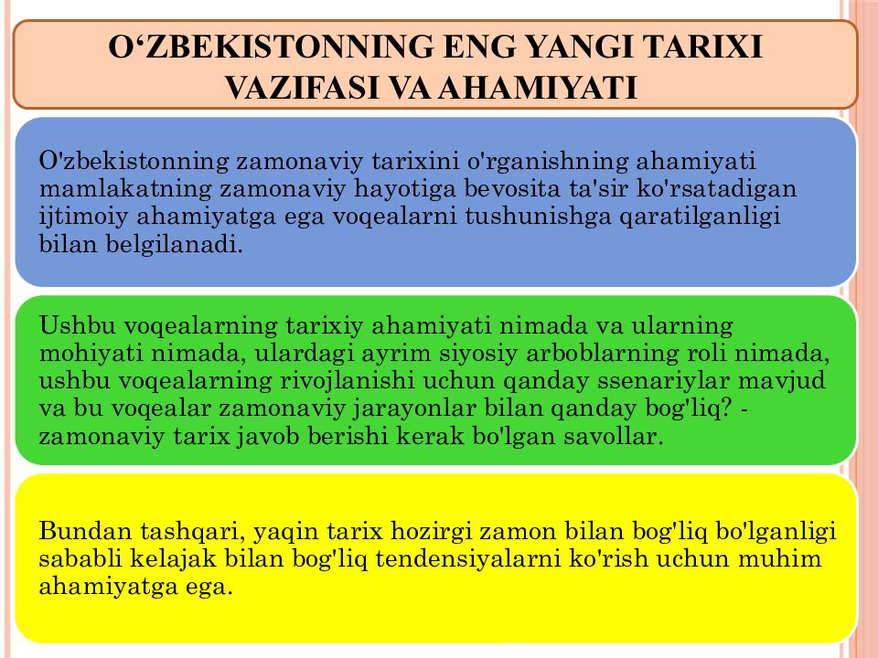 1-MAVZU.
KIRISH. O‘ZBEKISTONNING ENG YANGI TARIXI O‘QUV FANINING PREDMETI, 1-MAVZU. KIRISH. O‘ZBEKISTONNING ENG YANGI TARIXI O‘QUV FANINING PREDMETI,