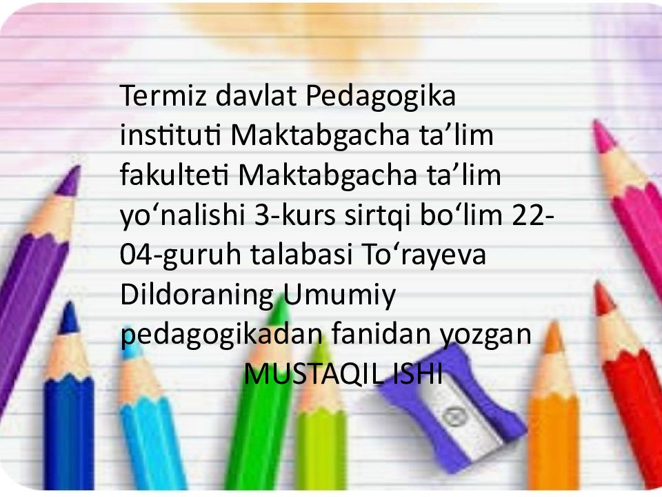 Termiz davlat Pedagogika instituti Maktabgacha taʼlim fakulteti Maktabgacha