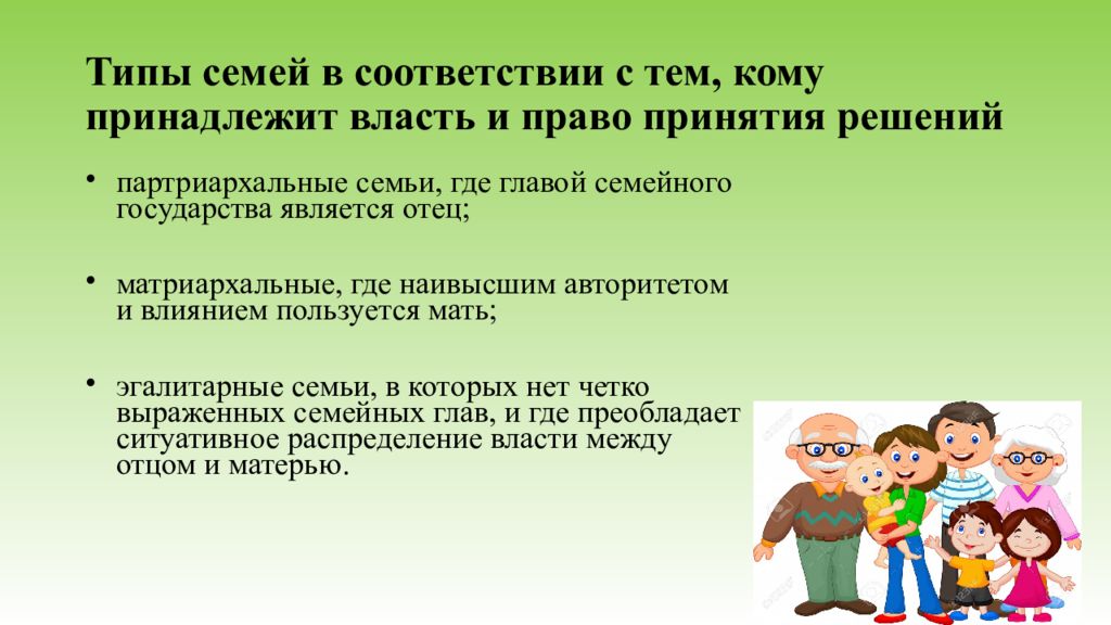 Эгалитарная семья. Типы власти семейная. Власть принадлежит главе семейства - отцу Тип семьи. Типы отцов. Семья в соответствии со сложностью семейной структуры.