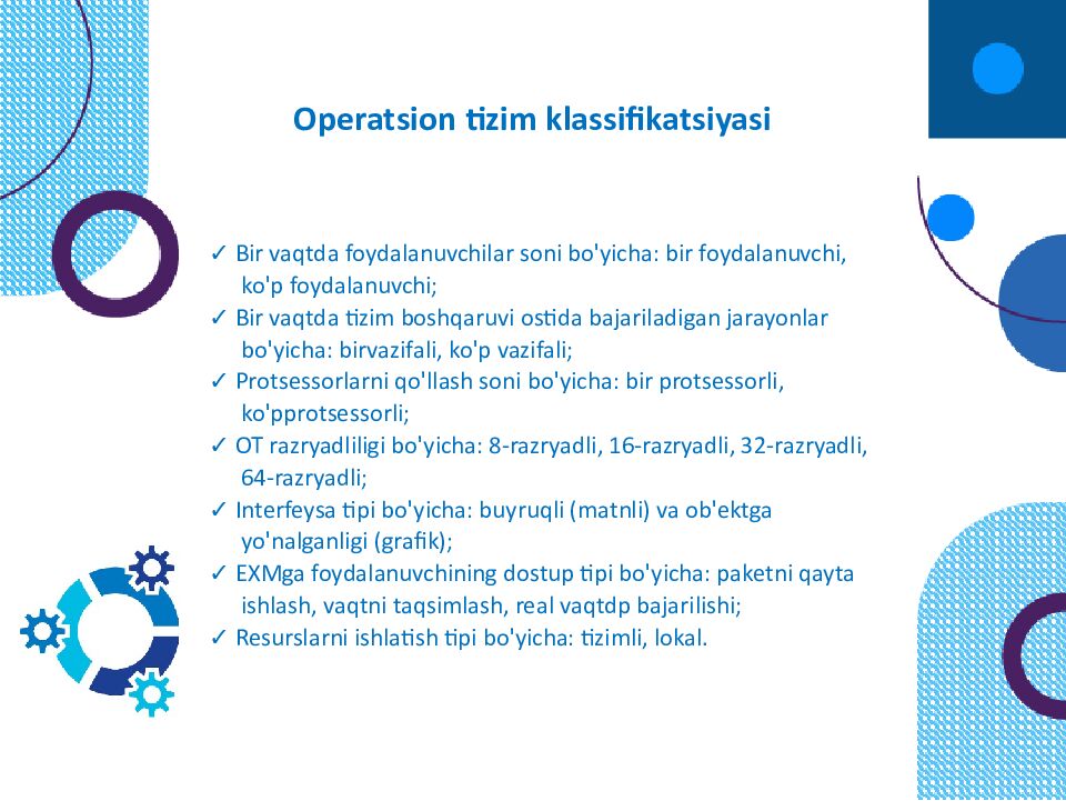 OPERATSION TIZIMLAR Windows 1 FreeBSD V redhat soiaris = •5 Sun Cobalt