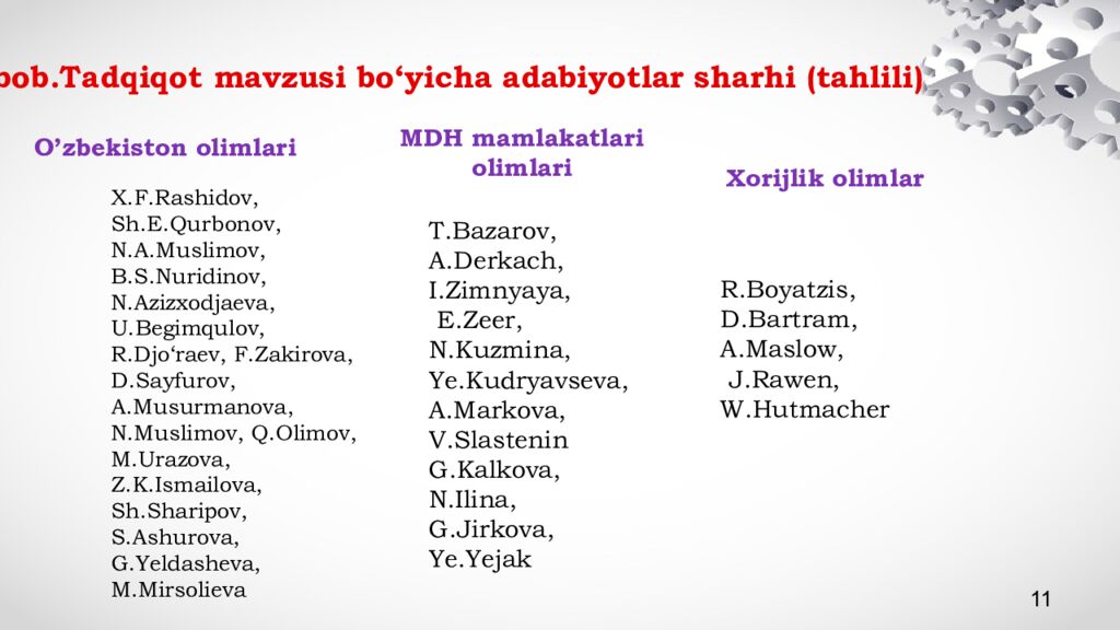 I bob.Tadqiqot mavzusi bo‘yicha adabiyotlar sharhi (tahlili) O’zbekiston olimlari MDH mamlakatlari olimlari Xorijlik olimlar