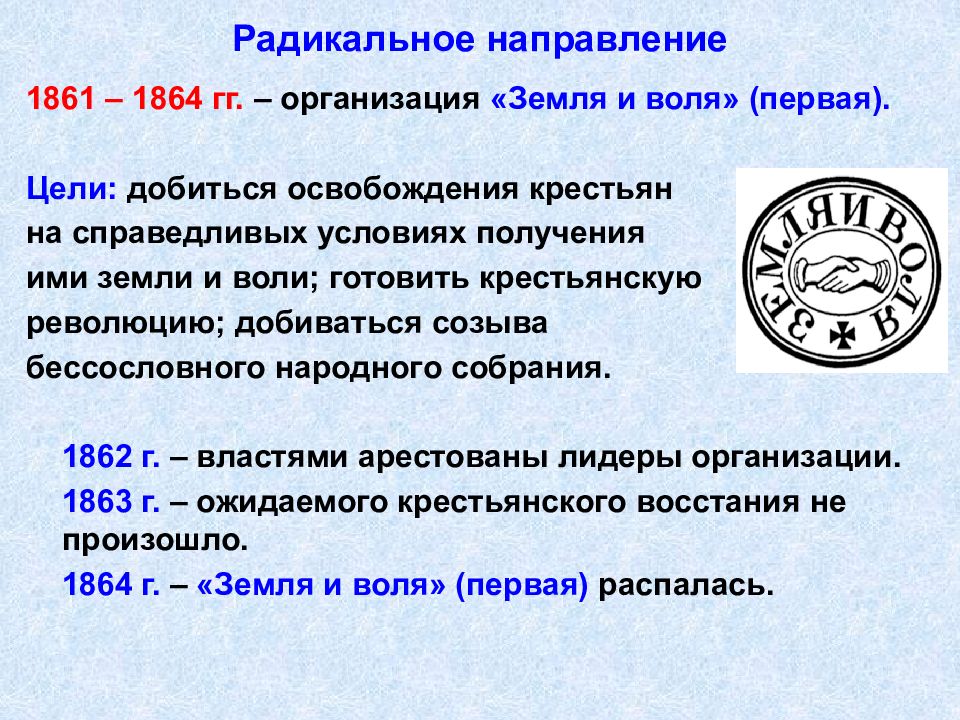 Организация воля. Земля и Воля 1861-1864. Основные направления земли и воли в 1861-1864. Годы существования в 1861 по 1864 земля и Воля цели и методы. Земля и Воля 1861-1864 итоги.