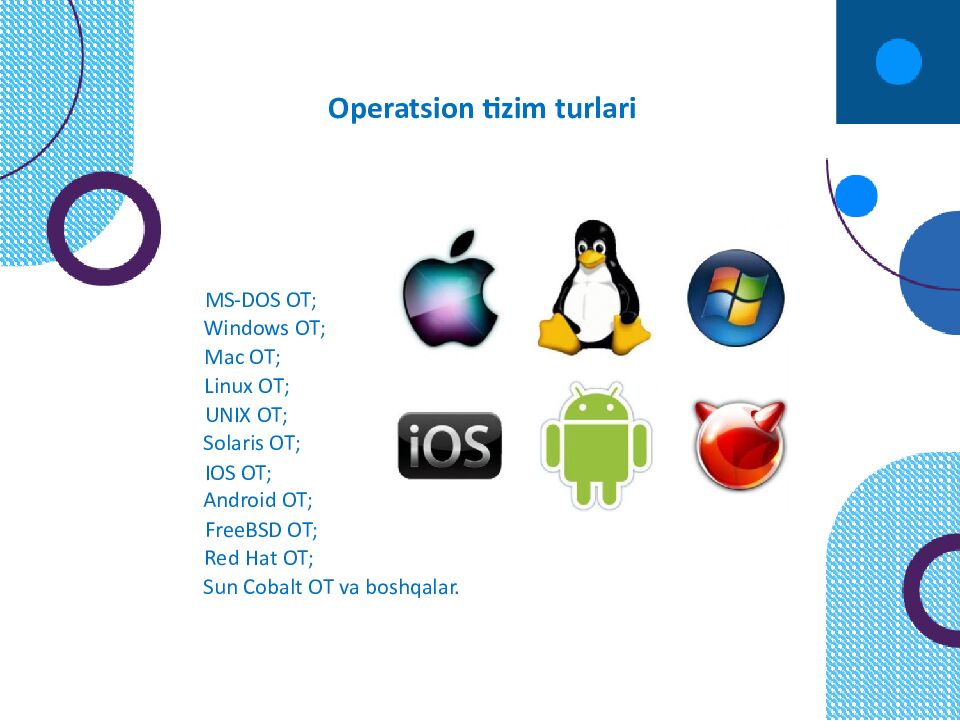 OPERATSION TIZIMLAR Windows 1 FreeBSD V redhat soiaris = •5 Sun Cobalt