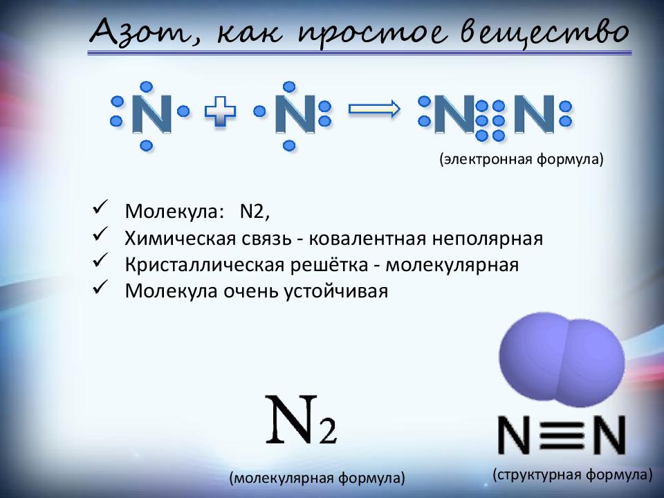 Соединение азота формула название. Строение вещества азот (n2). N2 азот в химии. Электронная схема образования азота. N2 химическая связь.