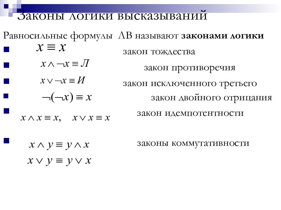 8 логические выражения. Логика формулы. Законы логики высказываний. Логика высказываний формулы. Формулы логических законов.