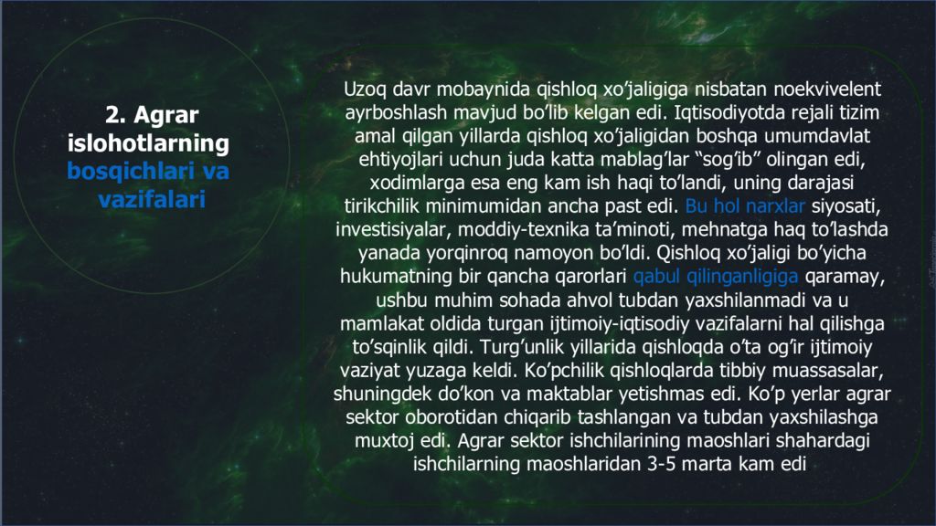 Agrar islohotlarni amalga oshirishning asosiy
y o’nalishlari
Bajardi : Agrar islohotlarni amalga oshirishning asosiy y o’nalishlari Bajardi :