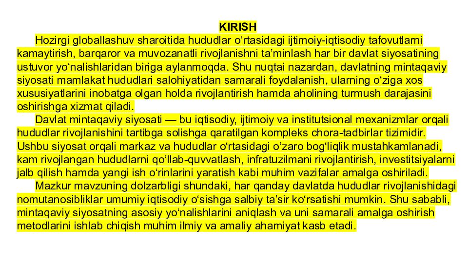 DAVLAT MINTAQAVIY SIYOSATINING ASOSIY YOʻNALISHLARI VA UNI AMALGA OSHIRISH