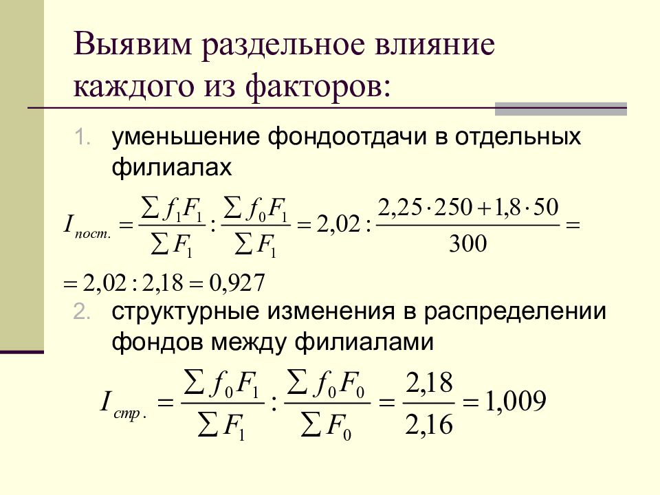 Снижение фондоотдачи. Влияние фондоотдачи. Влияние на изменение средней фондоотдачи. Индекс изменения фондоотдачи.