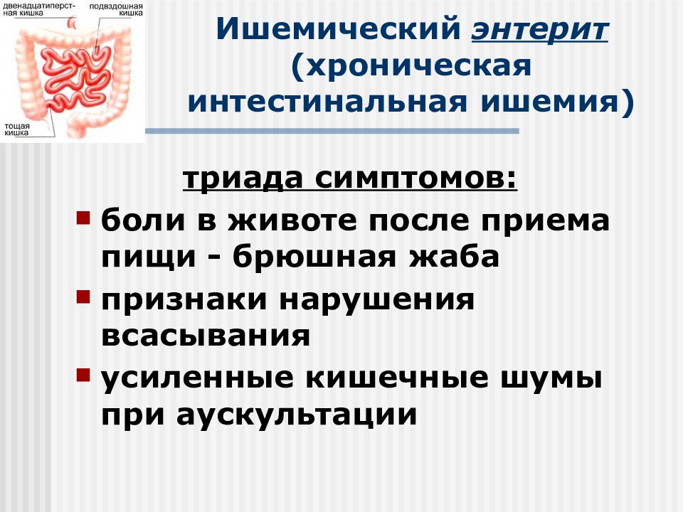 Брюшная жаба. Хронический энтерит осложнения. Интестинальная ишемия. Усиленные кишечные шумы.