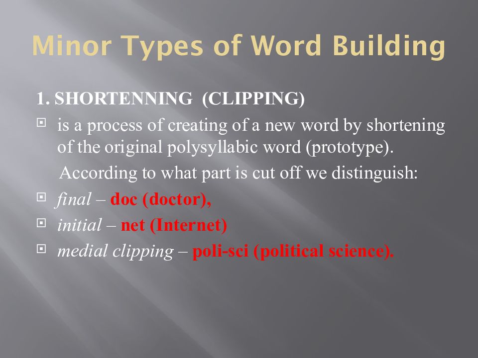 Build type. Type of Word-building process. Word building shortening. Types of Words. Types of Word formation.