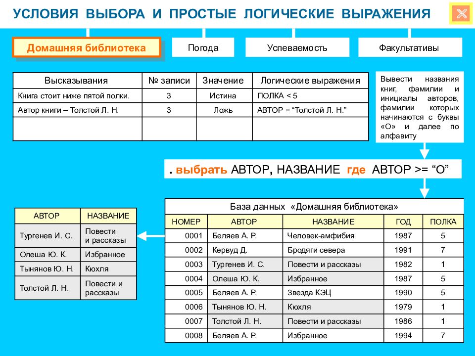 База данных выборы. Логические условия выбора. Базы данных логические условия выбора. Простые логические выражения. База данных домашняя библиотека.