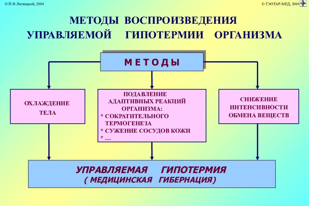 Снижает интенсивность обмена веществ. Типовые нарушения теплового баланса организма. Искусственная гипотермия. Методы искусственной гипотермии. Управляемая искусственная гипотермия.