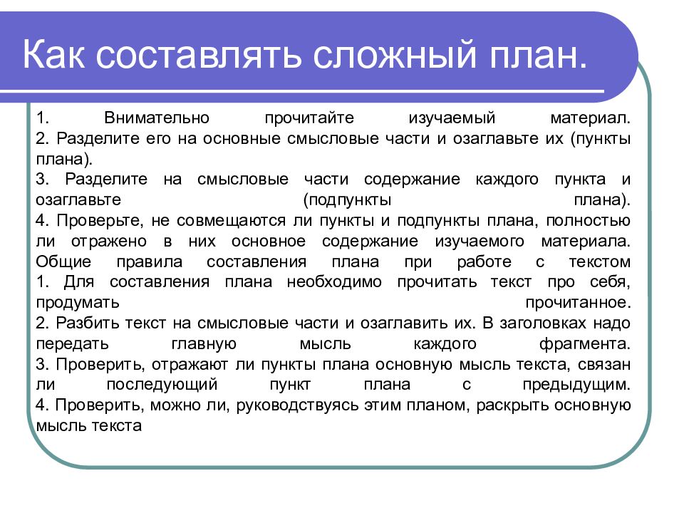 Алгоритм действий при составлении плана к любому тексту