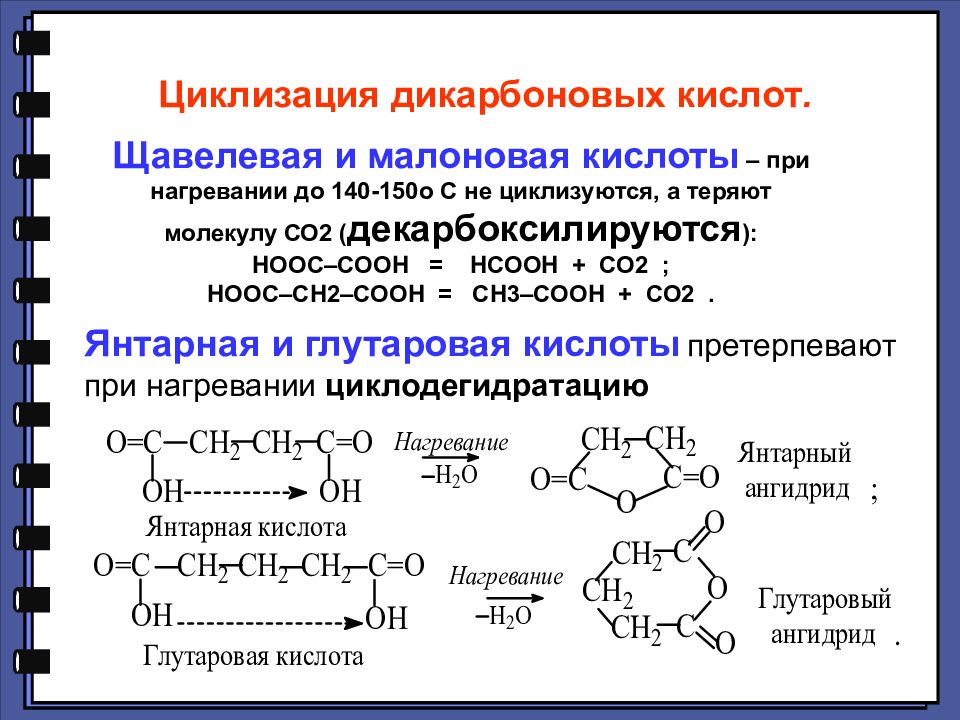 При избытке кислоты образуется. Циклизация карбоновых кислот. При внутримолекулярной циклизации янтарной кислоты образуется:. Циклизация дикарбоновых кислот. Дикарбоновые кислоты реакционная способность.