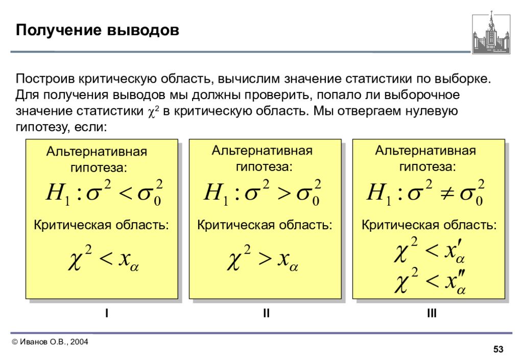 Получение выводов. Выборочное значение статистики. Как построить критическую область. Уравнение для построения критической области. Построить критическую область для гипотезы.