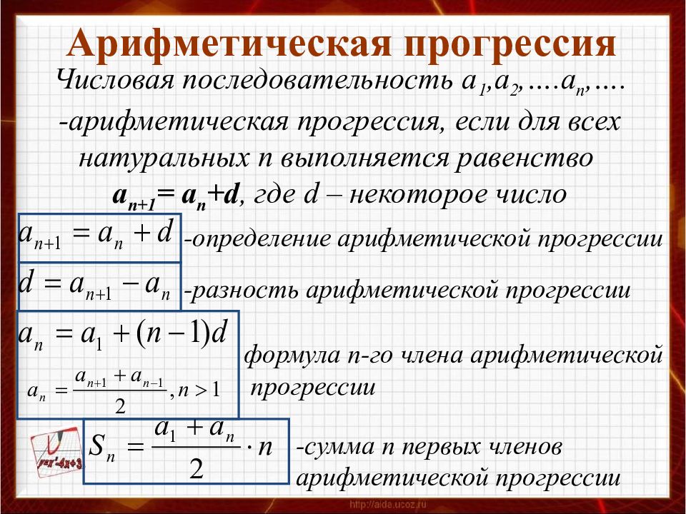 Прогрессии 9 класс. Формула убывающей арифметической прогрессии. Формулы арифметической пр.