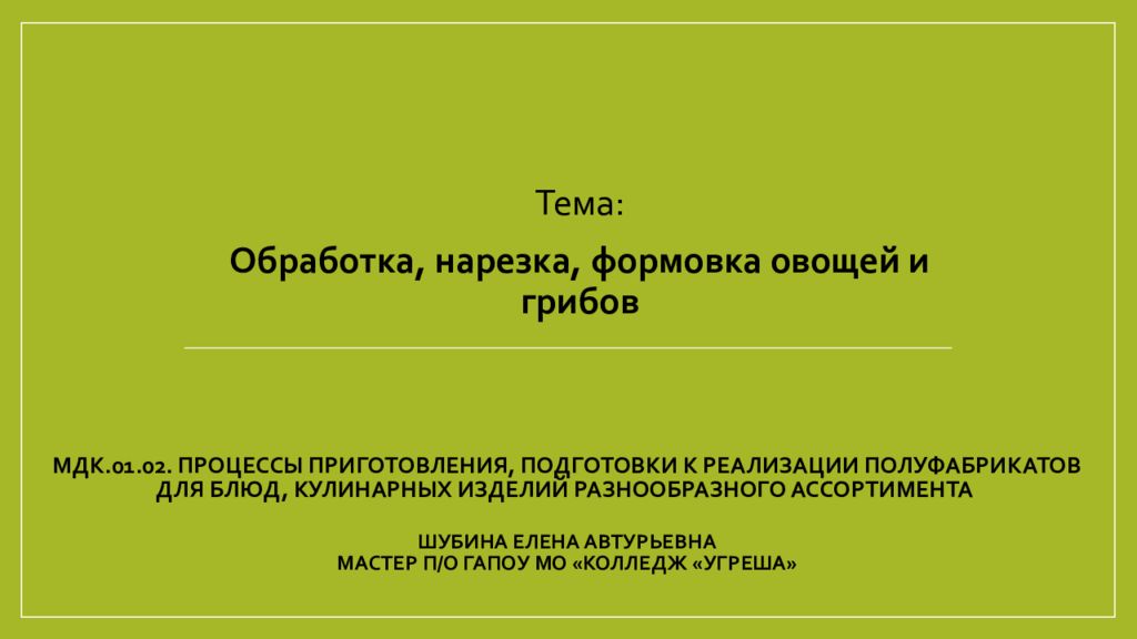 МДК.01.02. Процессы приготовления, подготовки к реализации полуфабрикатов для блюд, кулинарных изделий разнообразного ассортимента Шубина Елена автурьевна