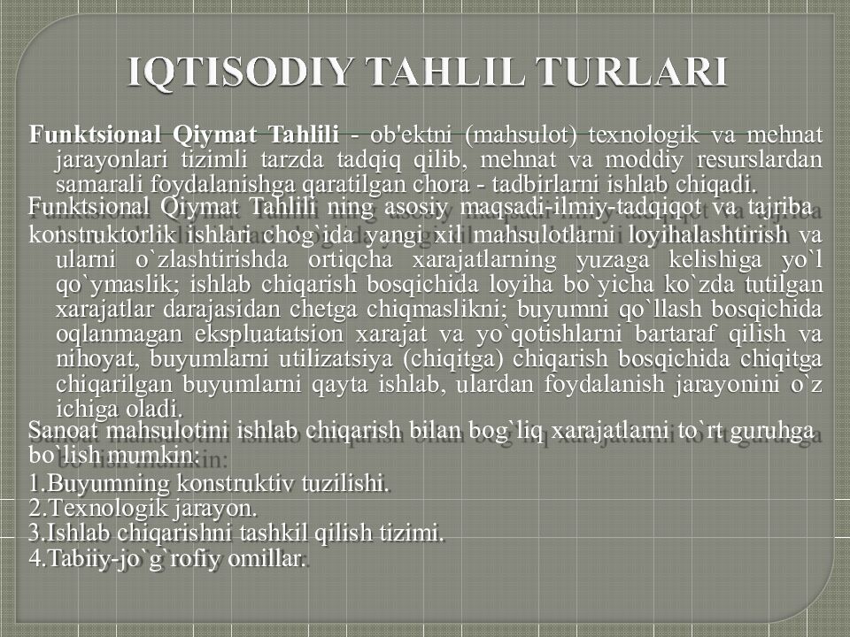 IQTISODIY TAHLILNING TURLARI V A MOLIYAVIY VA BOSHQARUV TAHLILI