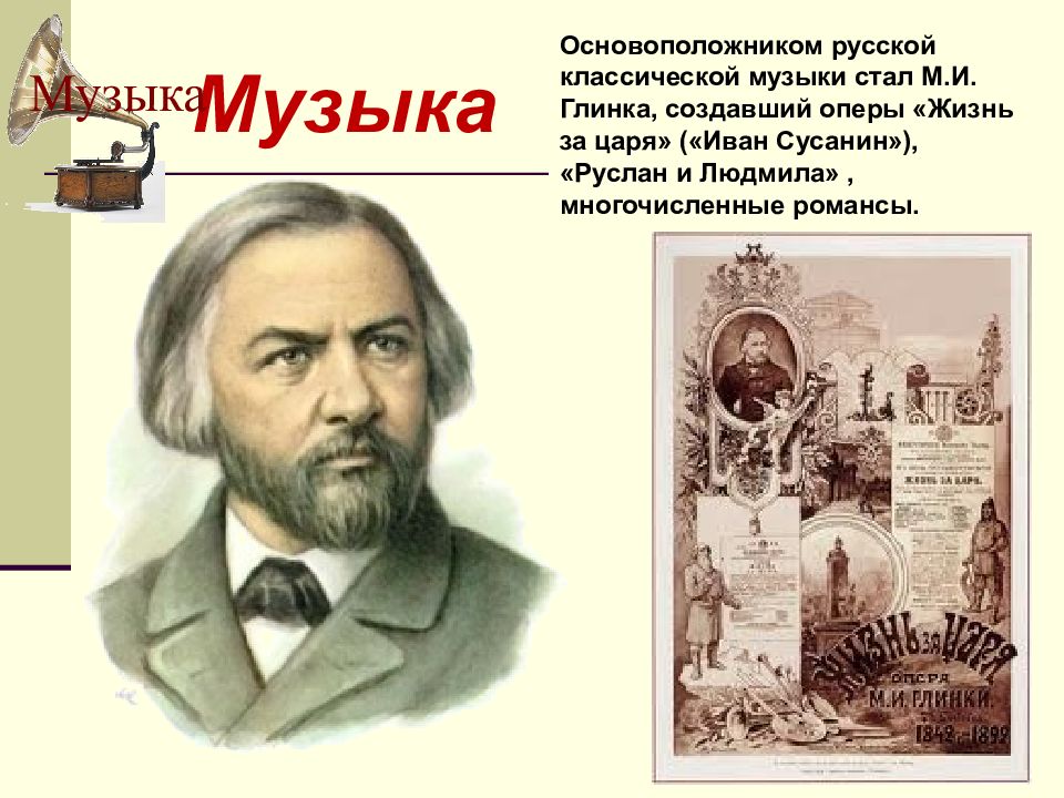 Основоположник музыки. Глинка Руслан и Людмила 19 век. Глинка основоположник русской классической музыки. М И Глинка за царя. Иван Сусанин основоположник русской классической музыки.