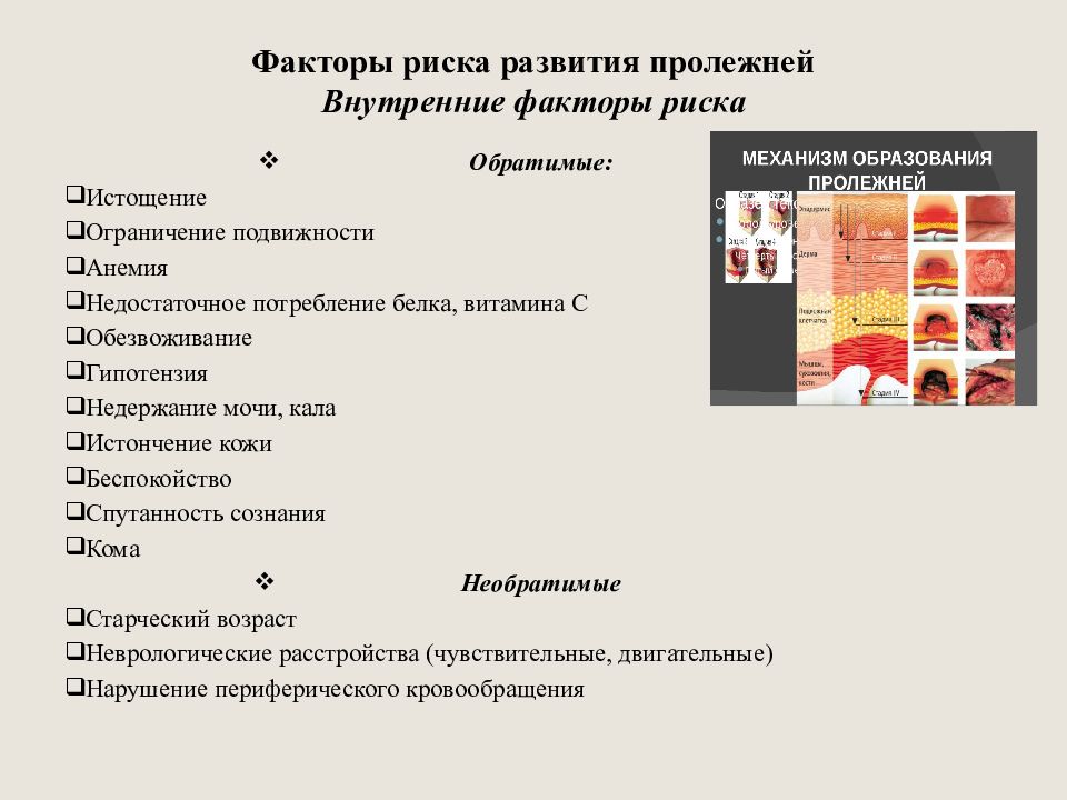 Необратимый внутренний фактор риска развития пролежней. Обратимые и необратимые факторы риска развития пролежней. Факторы риска развития пролежней. Обратимый внутренний фактор риска развития пролежней.