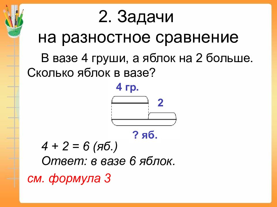 Схема задач на разностное сравнение 1 класс